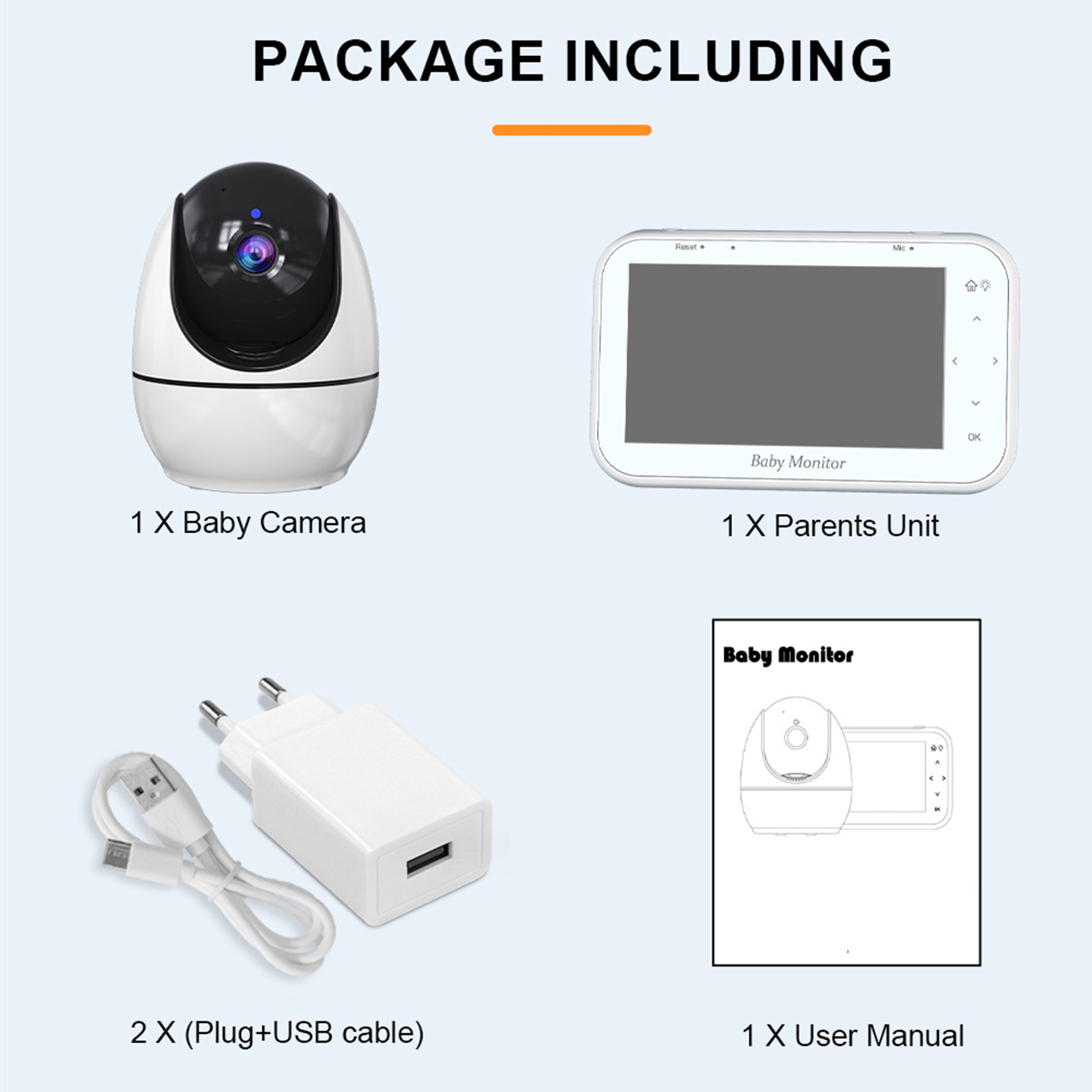 Babyphone-Paket. Enthält Babykamera, Elterneinheit, Ladegerät und Benutzerhandbuch.
