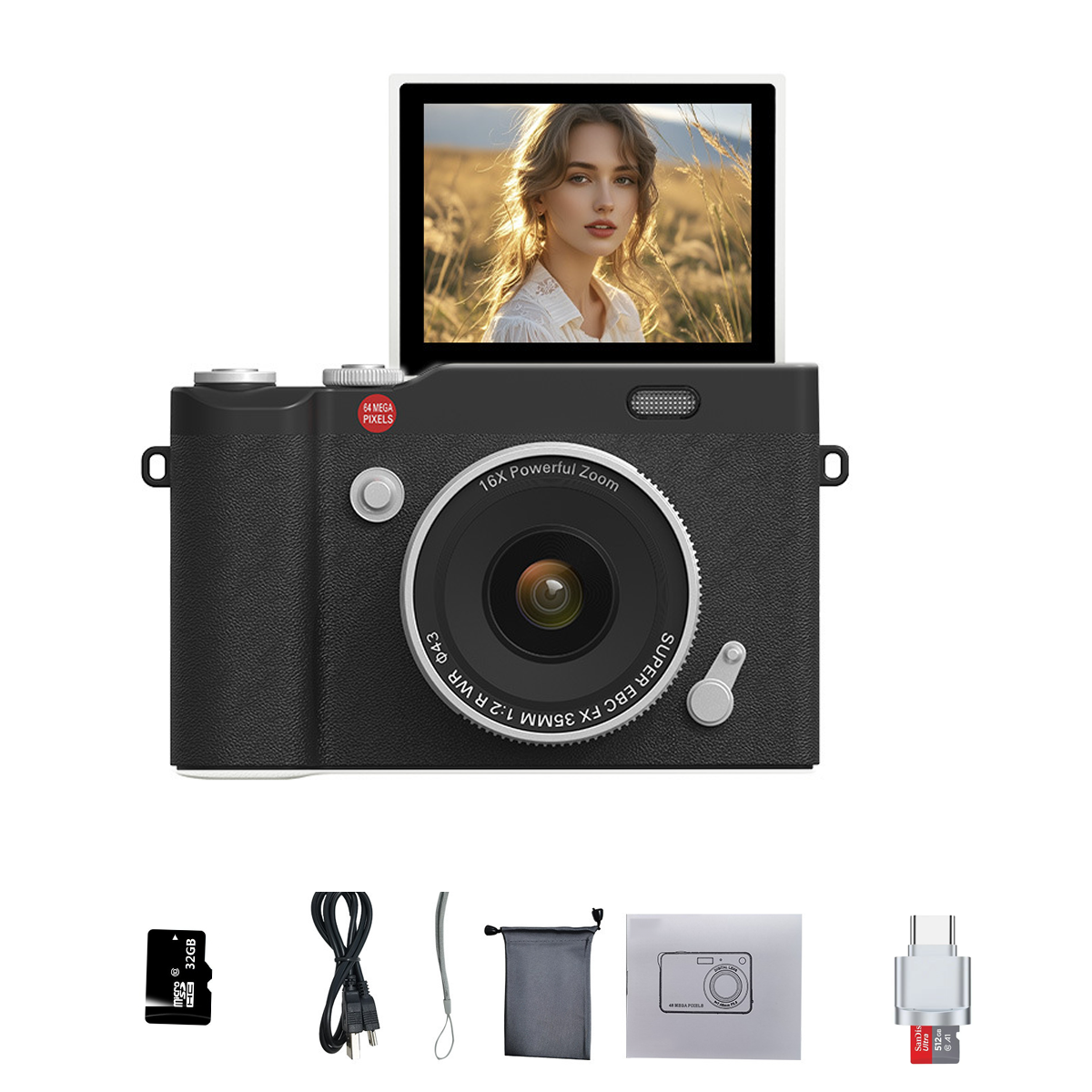 Fotocamera nera con schermo che mostra foto di donna e accessori.