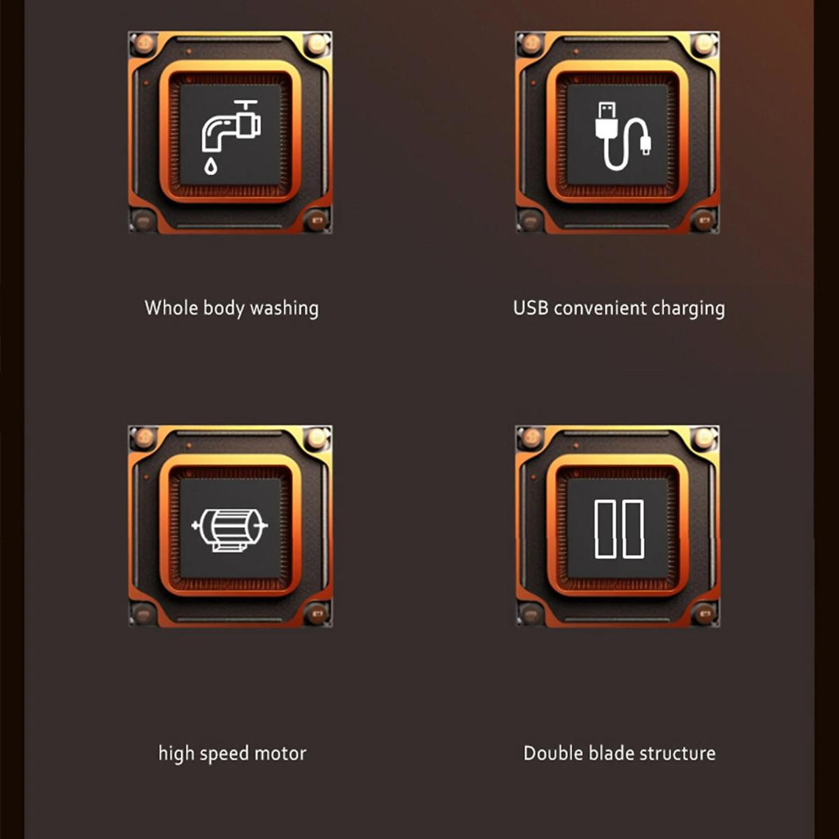 Vier Symbole: ein Wasserhahn, ein USB-Stecker, ein Motor und eine Doppelblattstruktur. Text unter jedem Symbol.