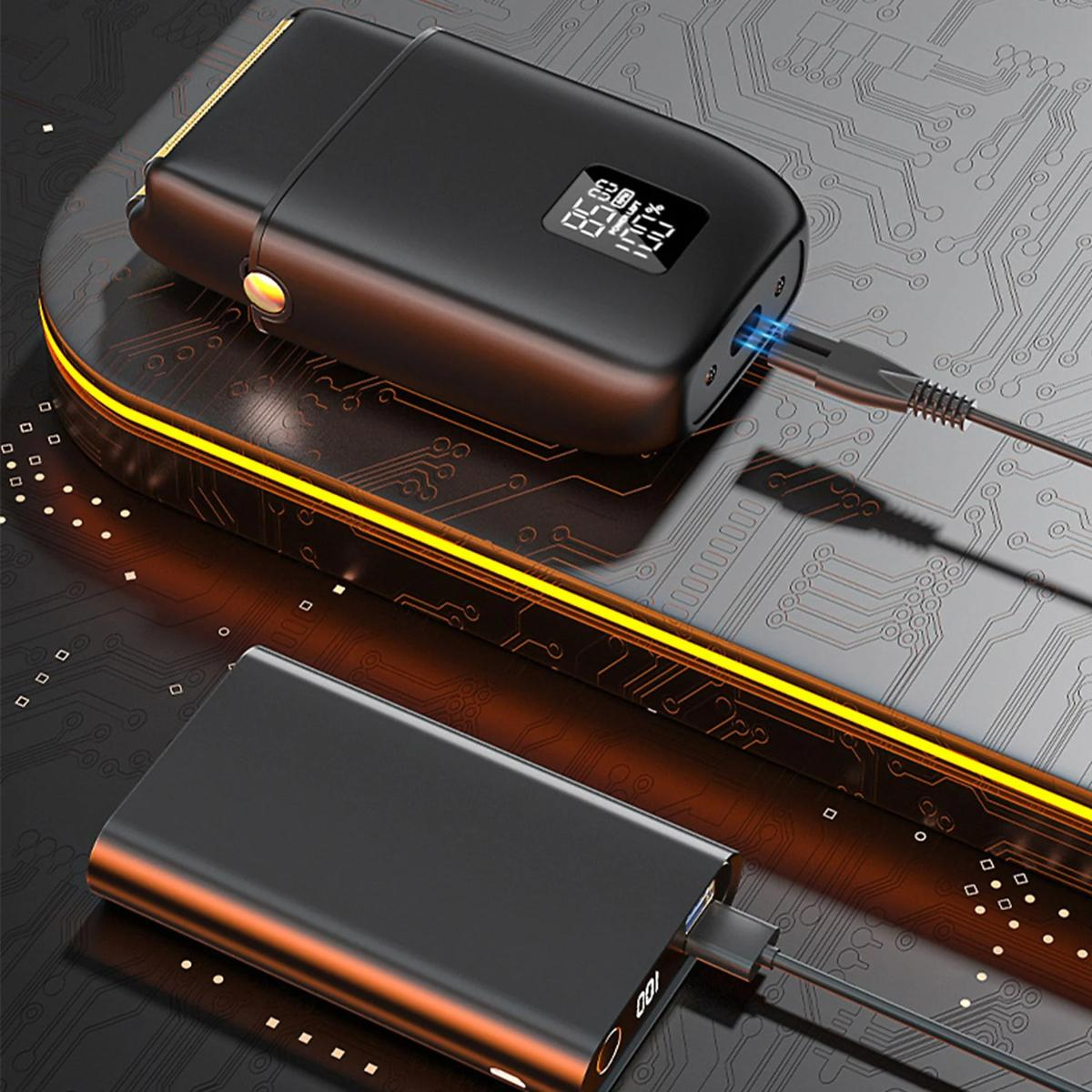 Schwarzer Elektrorasierer, der auf einem Ständer geladen wird, mit Powerbank.