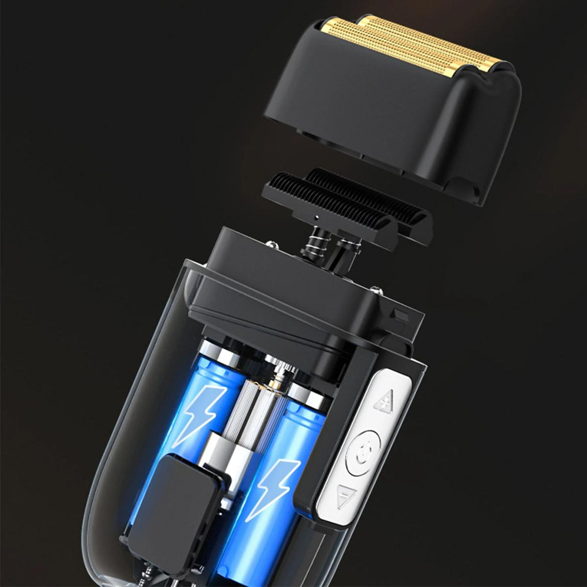 Interne Komponenten eines Rasierers. Batterien, Klingen und andere mechanische Teile sind sichtbar. Schwarze und blaue Farben.