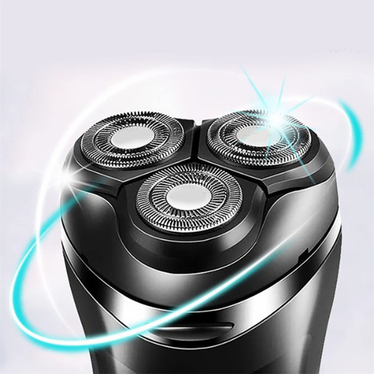 Nahaufnahme der Köpfe eines schwarzen Elektrorasierers mit blauen Lichteffekten.