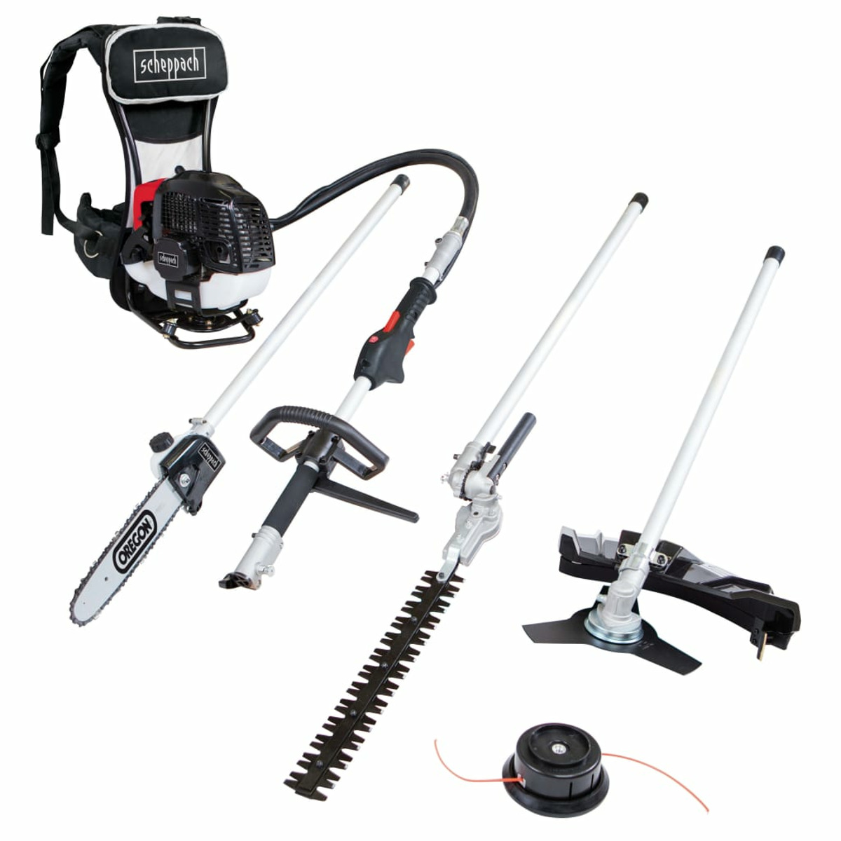 Tuin multi-tool set inclusief kettingzaag, heggenschaar en grastrimmer.