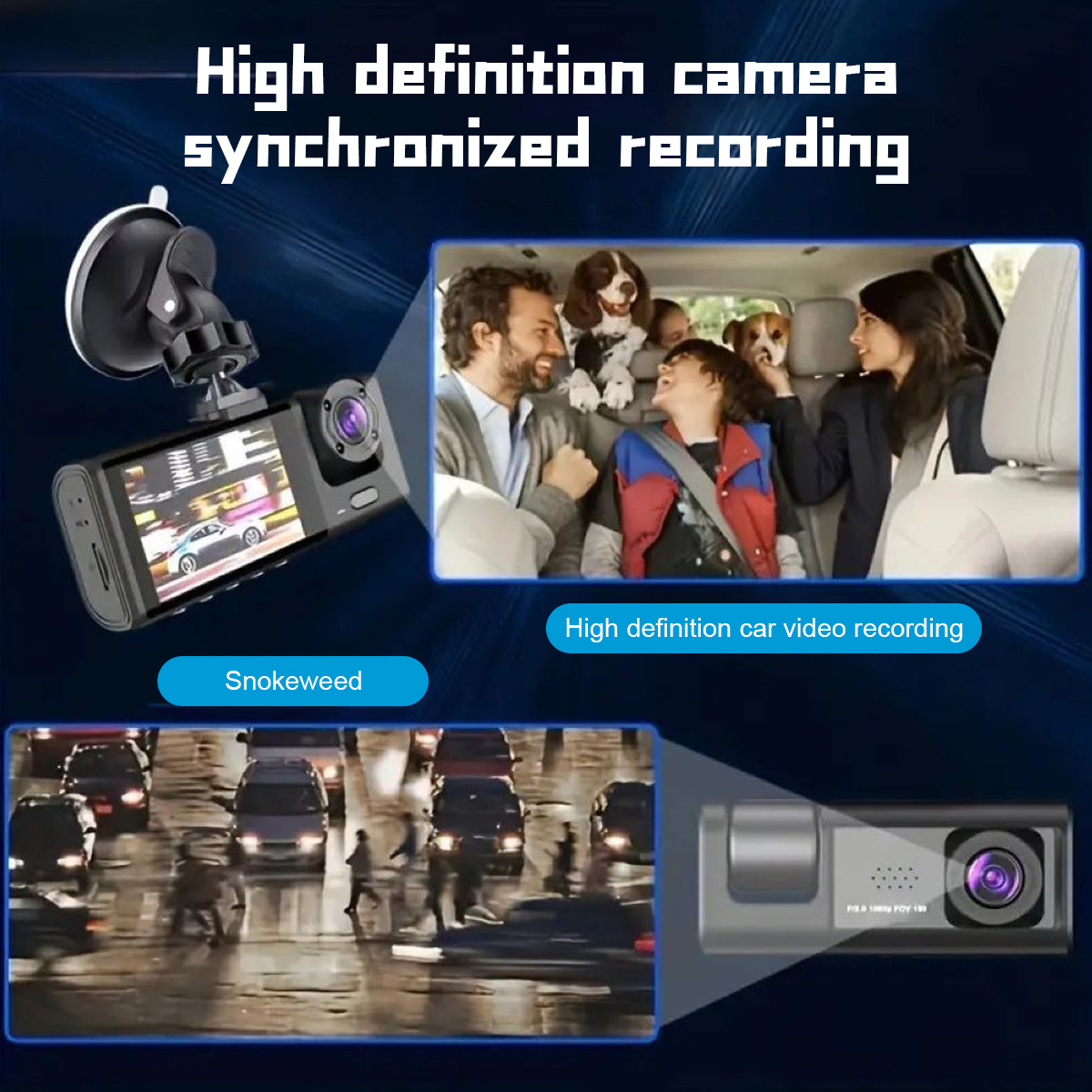 Im Auto installierte Dashcam mit Bildern von Menschen im Auto und einer Straße.