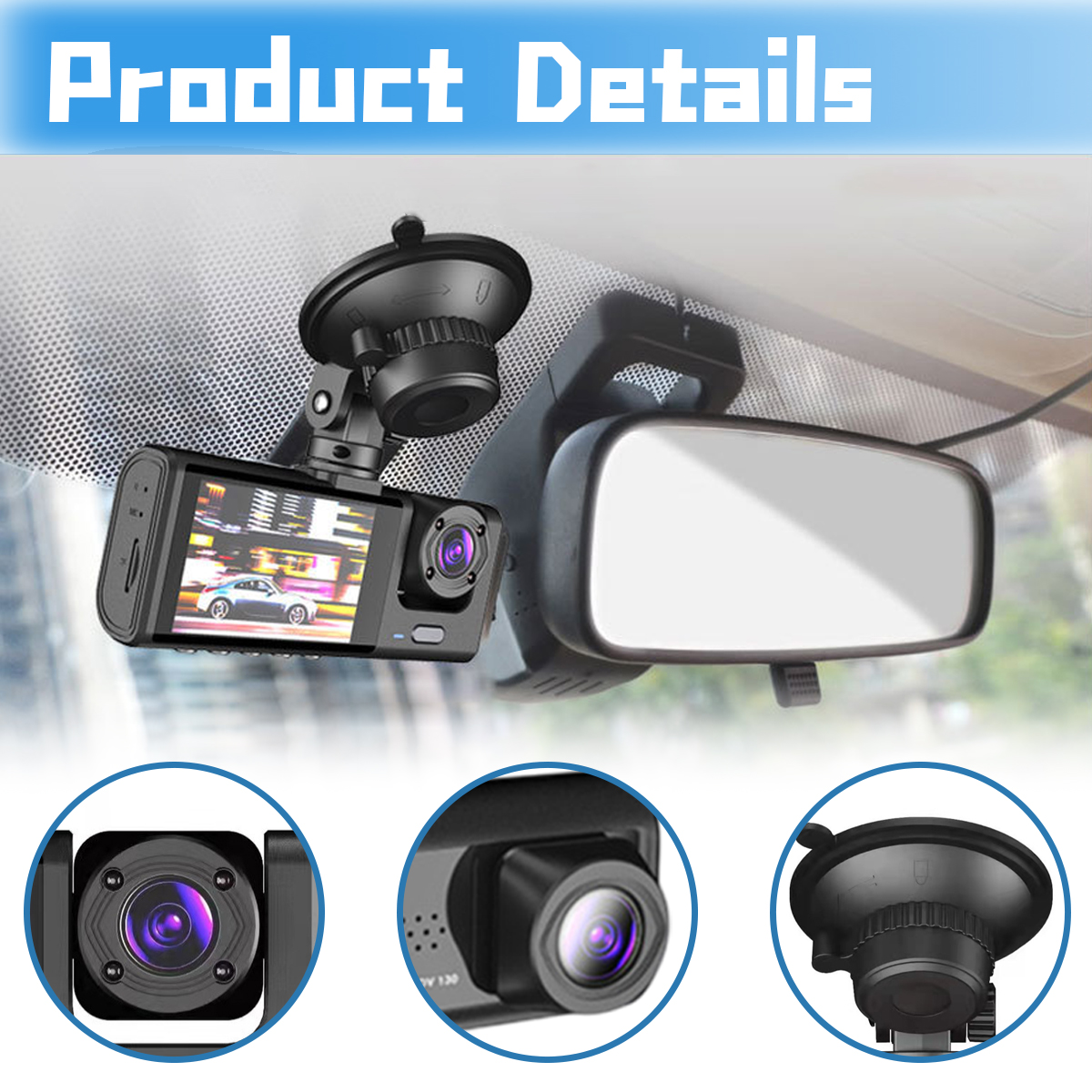 Details der Auto-Dashcam. Enthält Nahaufnahmen der Kameralinse und der Saugnapfhalterung.