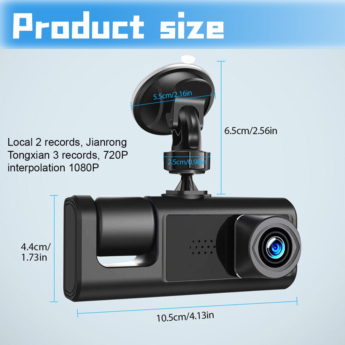 Abmessungen einer Auto-Dashcam, die Länge, Breite und Höhe in cm und Zoll zeigt.