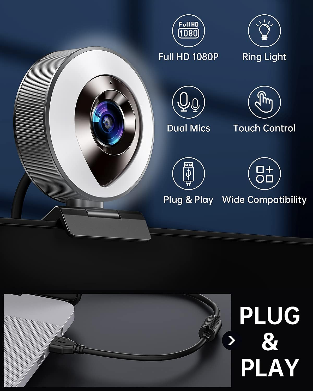 Webcam mit Ringlicht, zwei Mikrofonen und einem Laptop, der über ein schwarzes USB-Kabel verbunden ist.