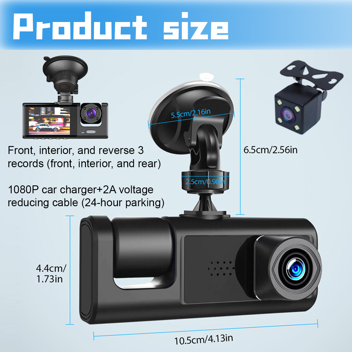 Auto-Dashcam mit Abmessungen und Funktionen, mit Messungen und Text.