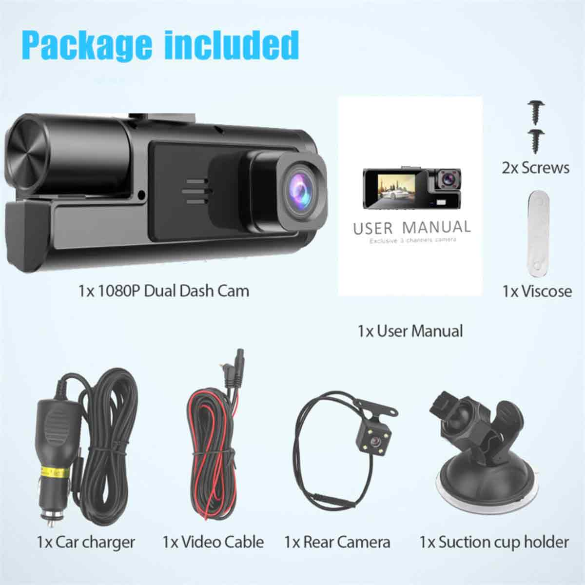 Dashcam-Paket. Enthält Dashcam, Benutzerhandbuch, Kabel und Zubehör.