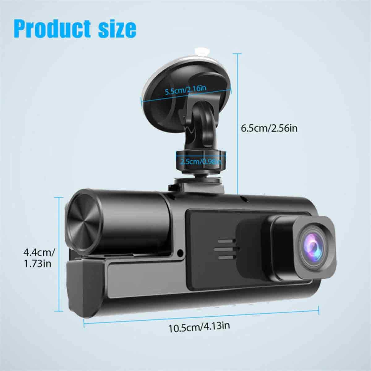 Schwarze Dashcam mit Abmessungen, Saugnapfhalterung und Frontkamera. Zeigt die Größe und das Design der Dashcam.
