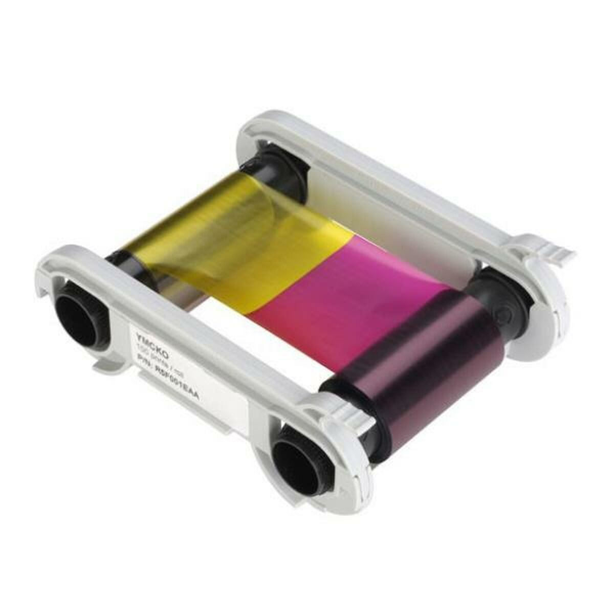Un nastro per stampante con strisce gialle, magenta e nere. Cornice in plastica bianca.