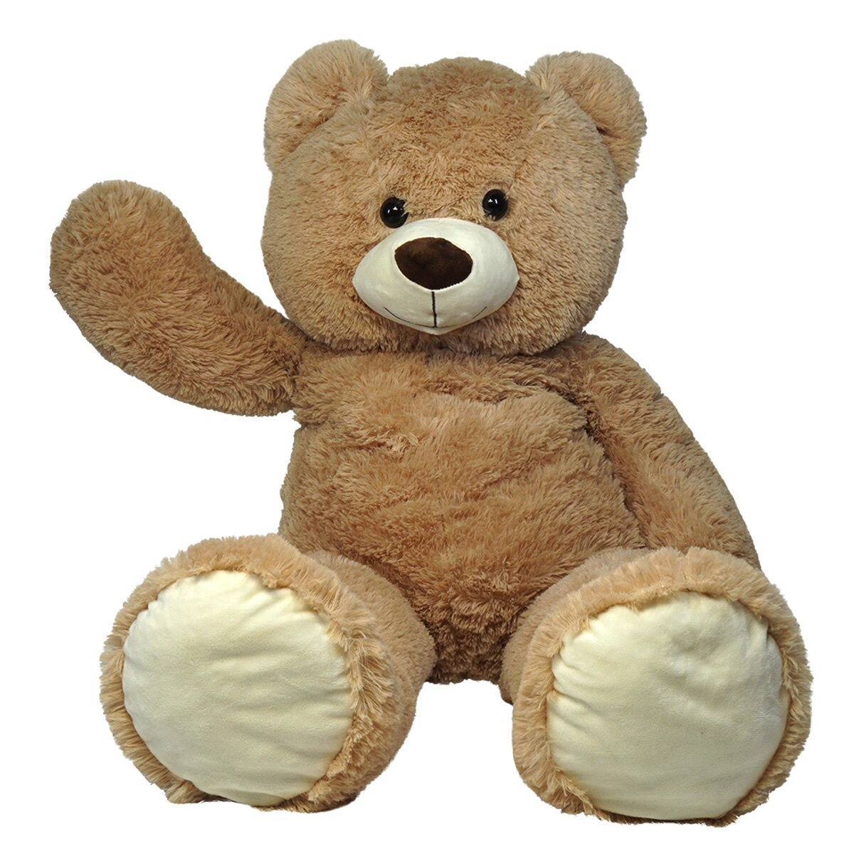 Ein brauner Teddybär sitzt da, mit einem erhobenen Arm.