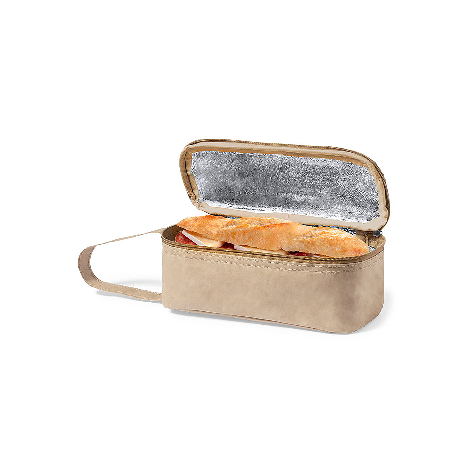 Borsa per il pranzo in carta marrone con un panino all'interno, con chiusura a cerniera.