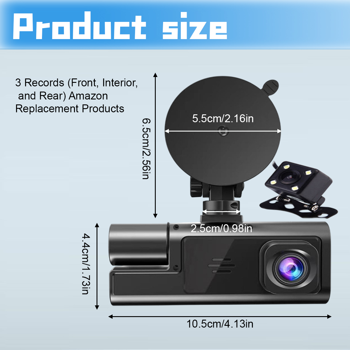 Eine Dashcam mit Messungen, mit Haupteinheit, Rückfahrkamera und Abmessungen in Zentimetern und Zoll beschriftet.