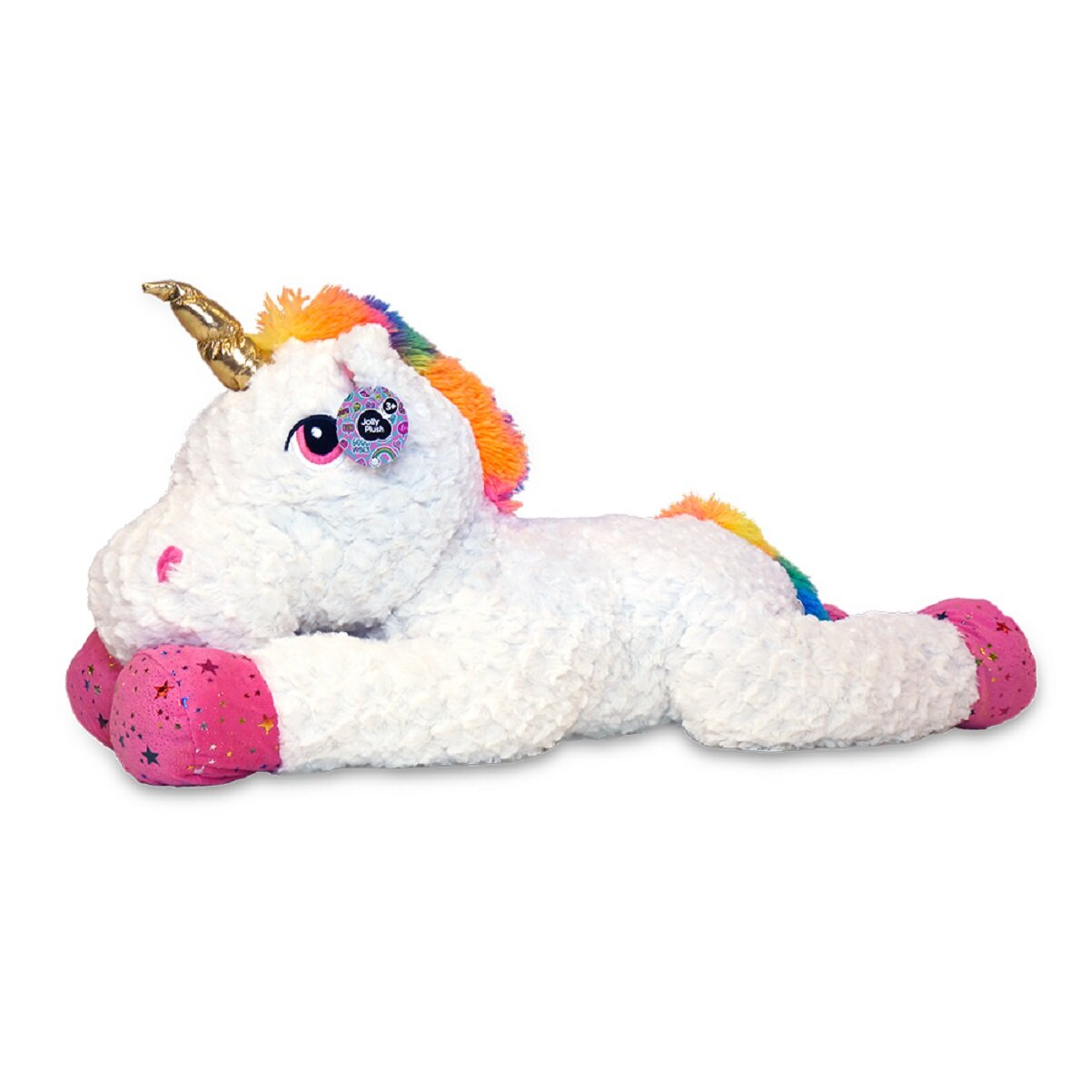Ein weißes Plüscheinhorn, das sich hinlegt, mit goldenem Horn und Regenbogenmähne.