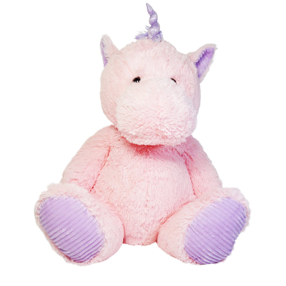 Ein rosa Einhorn-Plüschtier, sitzend, mit lila Hufen und Horn.