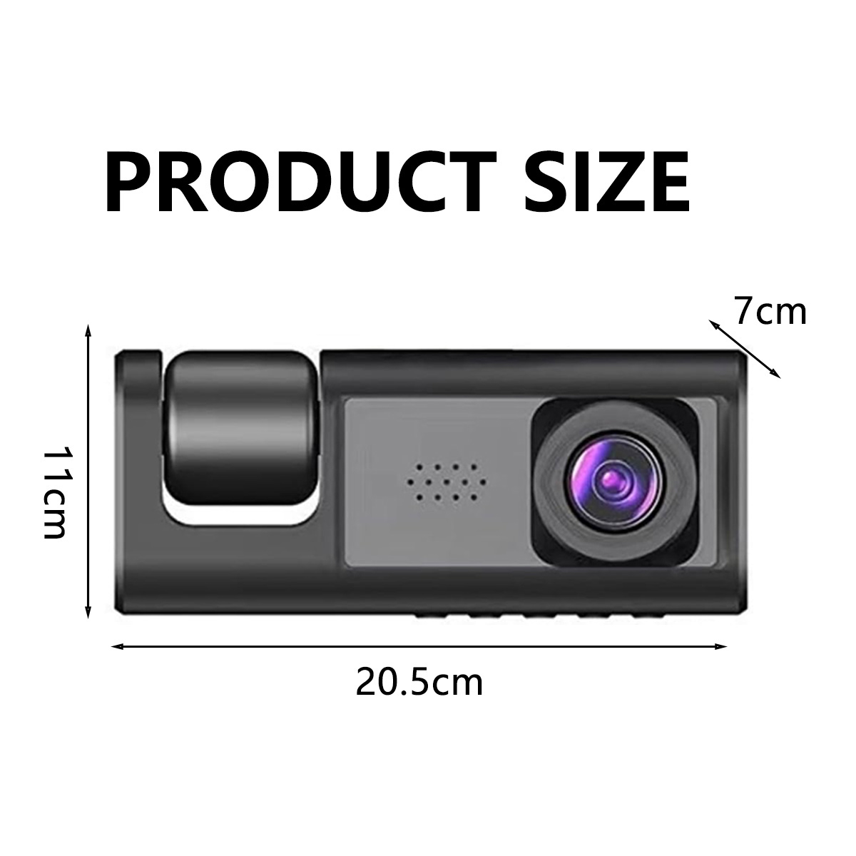 Dashcam-Abmessungen: 20,5 cm Länge, 11 cm Höhe und 7 cm Dicke.