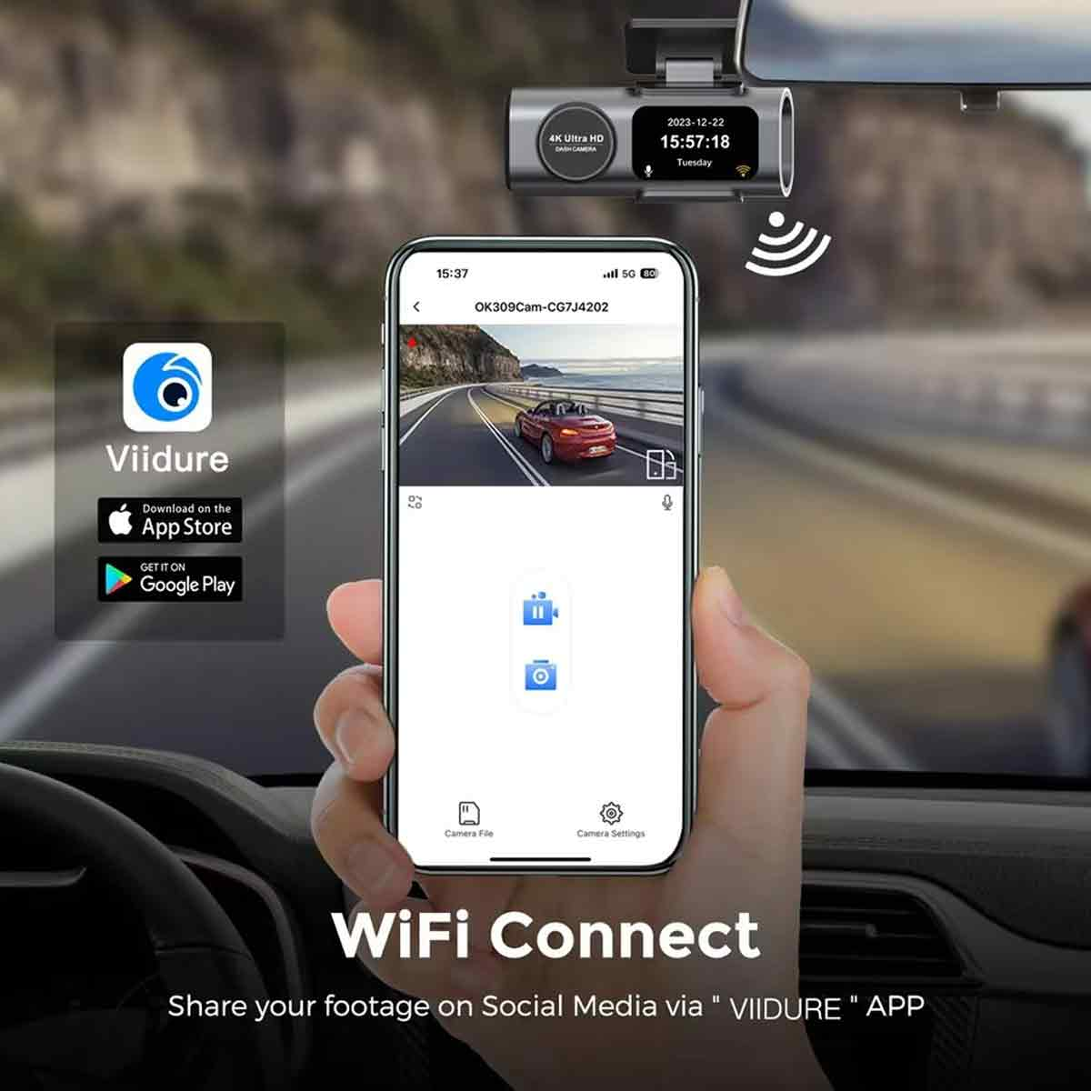 Ein Telefon, das die Dashcam-App zeigt, mit einer im Auto montierten Dashcam.