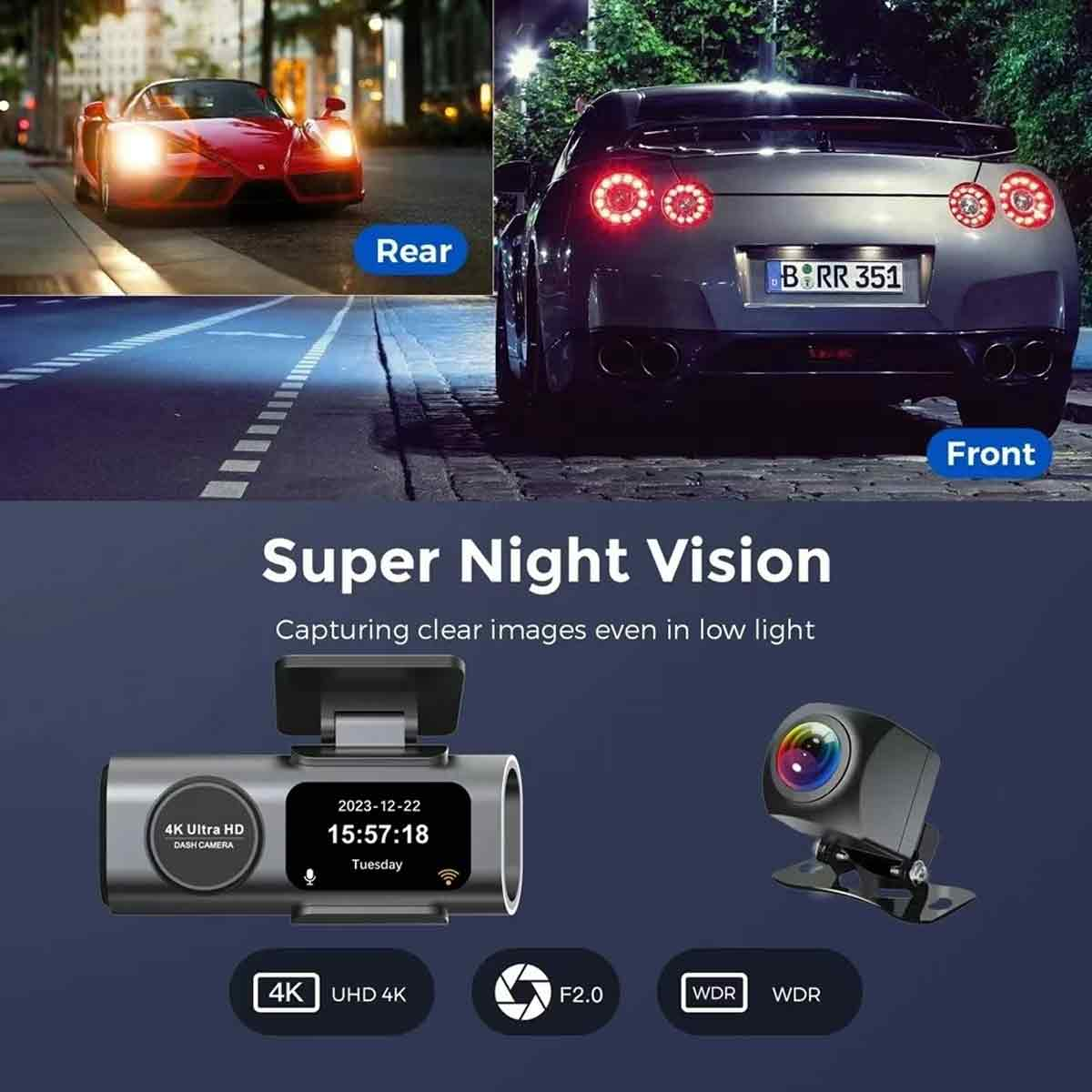 Dashcam-Setup mit Vorder- und Rückansichten von Autos und Zeit-/Datumsanzeige.