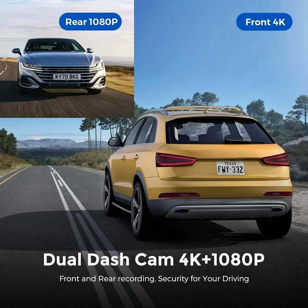 Ein gelbes Auto auf einer Straße mit einem Dashcam-Bild darüber. Heck- und Frontansichten eines silbernen und gelben Autos.