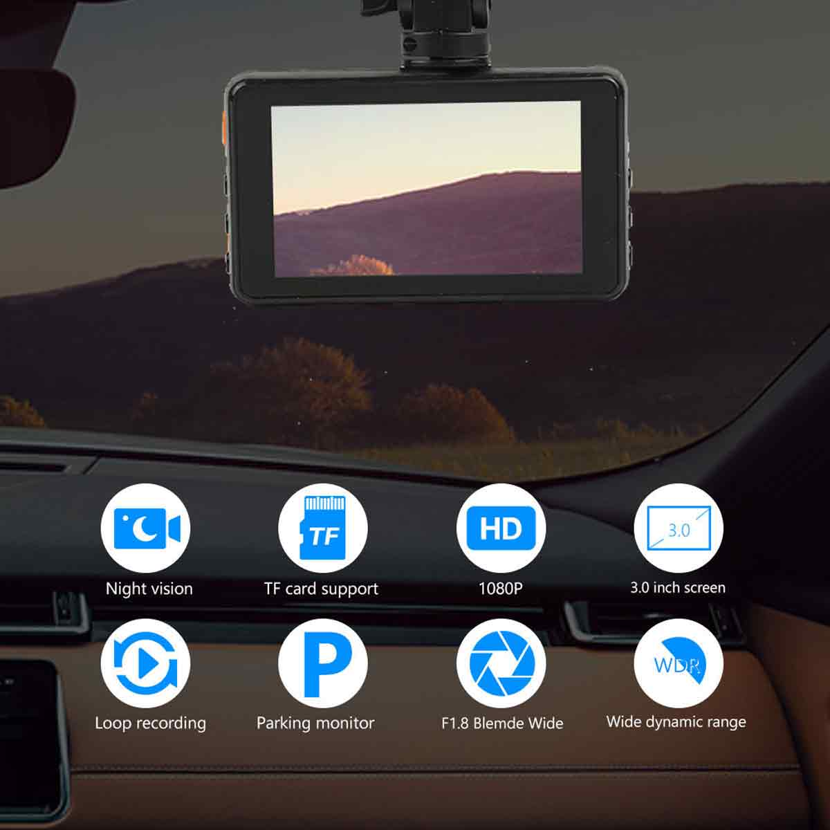 Auto-Dashcam mit Bildschirm, Nachtsicht, TF-Karte, 1080P, 3,0-Zoll-Bildschirm, Loop-Aufnahme, Parkmonitor.