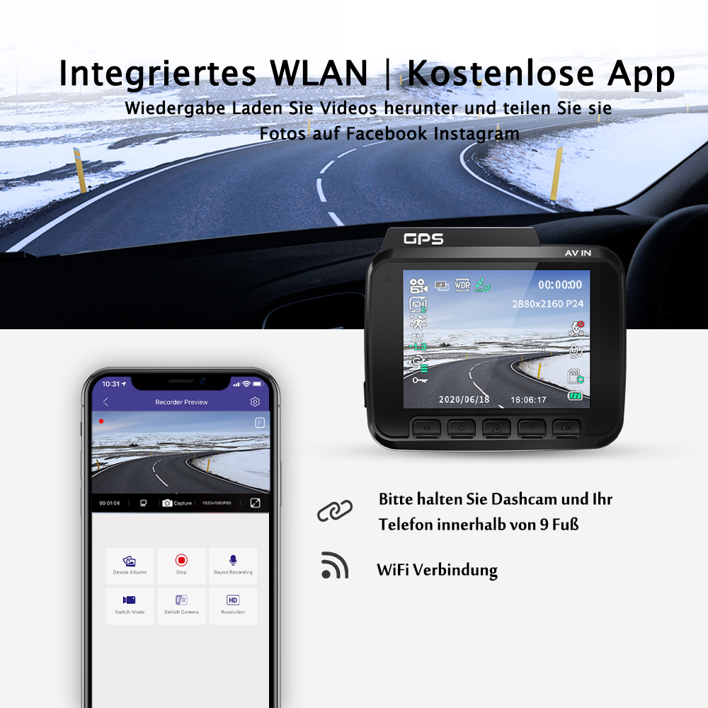 Dashcam mit Straßenansicht auf dem Bildschirm und Telefon mit ähnlicher Ansicht.