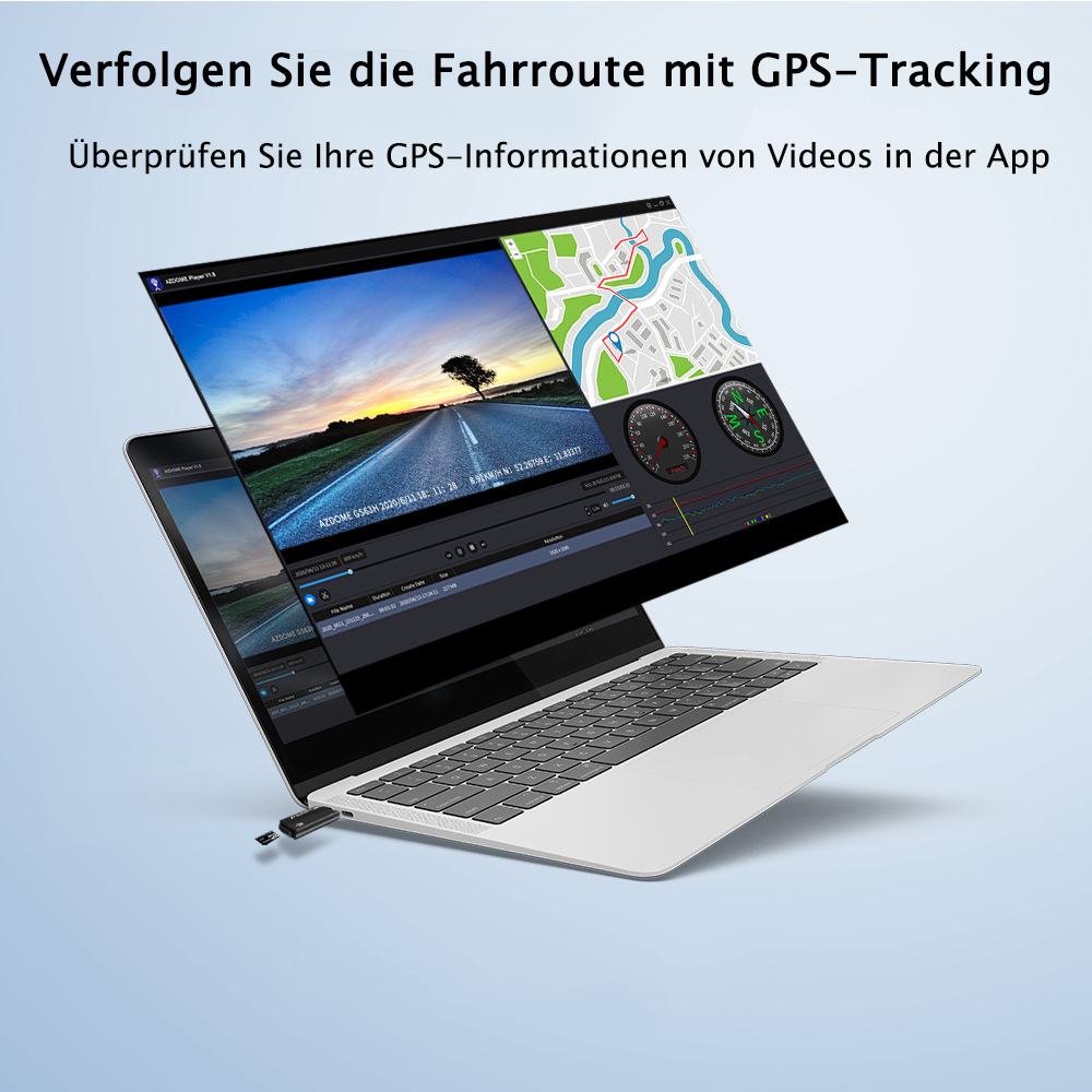 Laptop mit GPS-Tracking, mit einem Auto auf einer Straße und einer Karte auf dem Bildschirm sowie einem USB-Dongle.