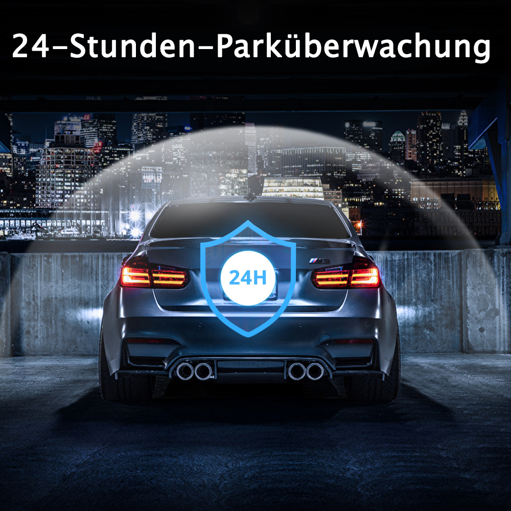 Auto parkt nachts mit Schutzschild-Overlay, Text: 24-Stunden-Parküberwachung.