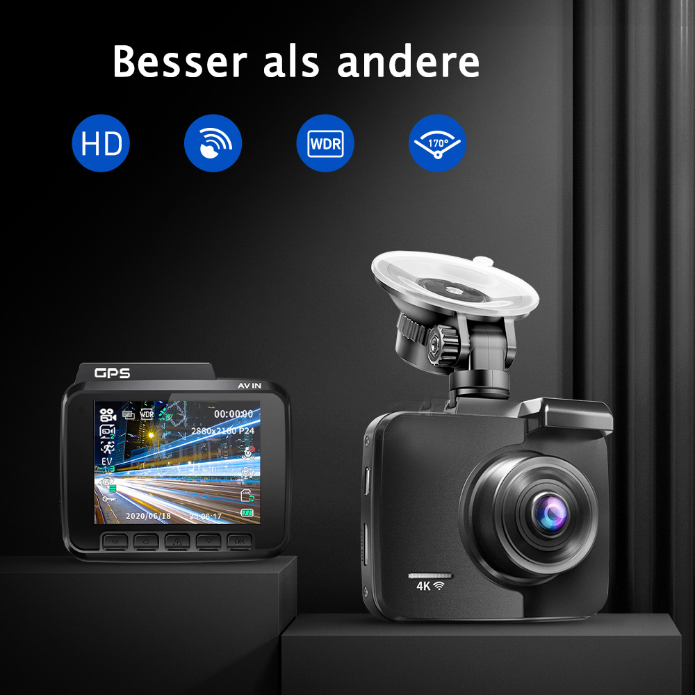 Schwarze Armaturenbrettkamera und ein kleinerer Bildschirm, mit Symbolen und einer Saugnapfhalterung, auf blauem Hintergrund.