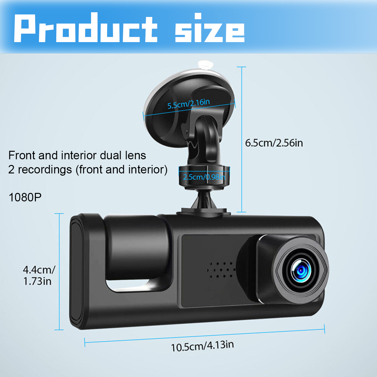 Dashcam mit Maßen: 4,4 cm H öhe, 10,5 cm Breite, 6,5 cm Tiefe, zeigt Front- und Innenansicht.
