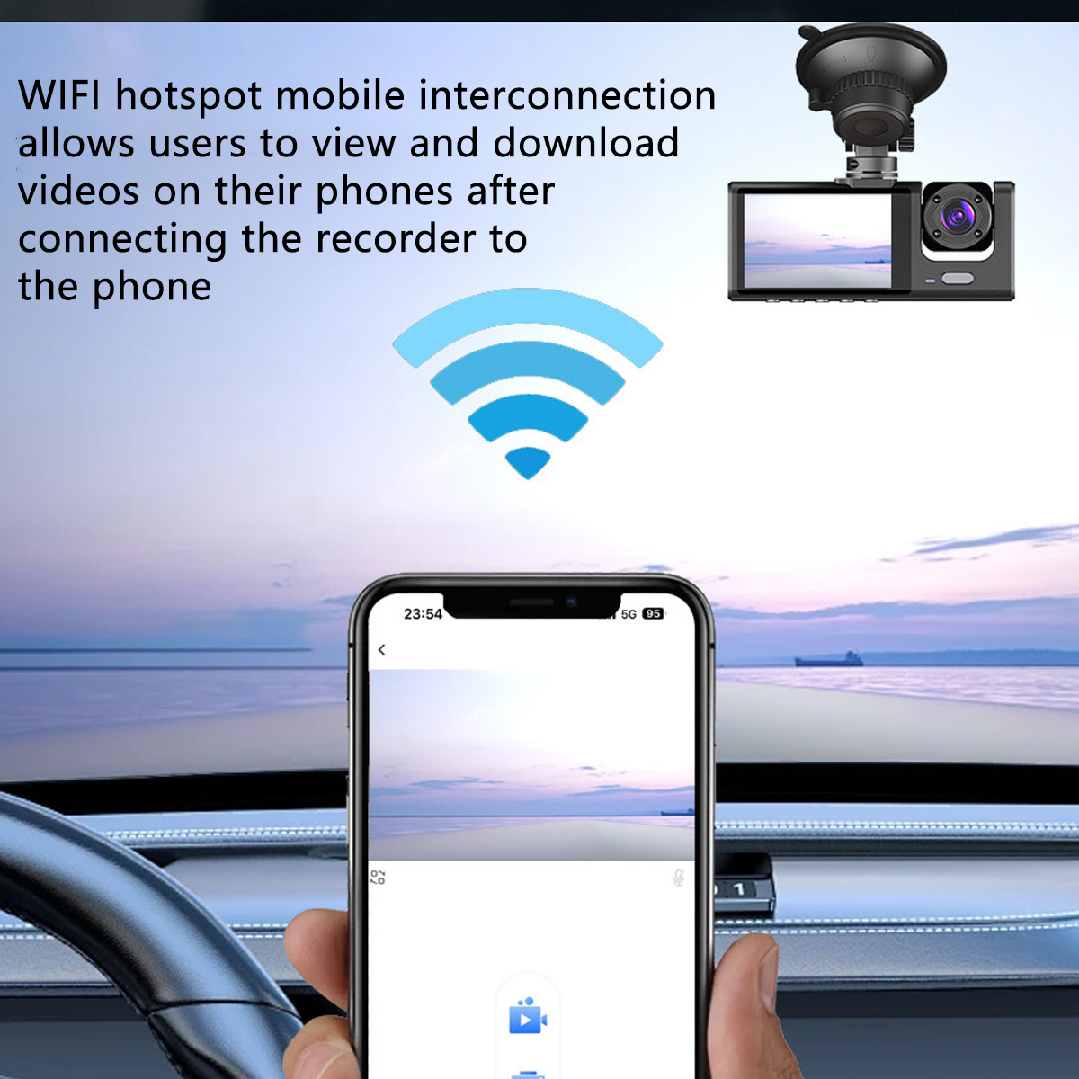 Ein Smartphone, das einen Sonnenuntergang über dem Wasser mit Armaturenbrett anzeigt. WLAN-Hotspot.