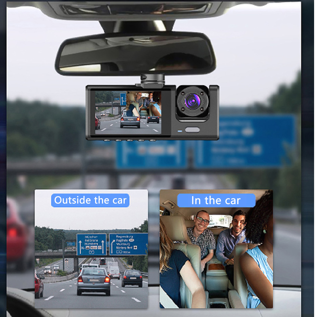 Eine Auto-Armaturenbrett-Kamera-Einrichtung mit einem Bildschirm und Ansichten von innen und außen am Auto.