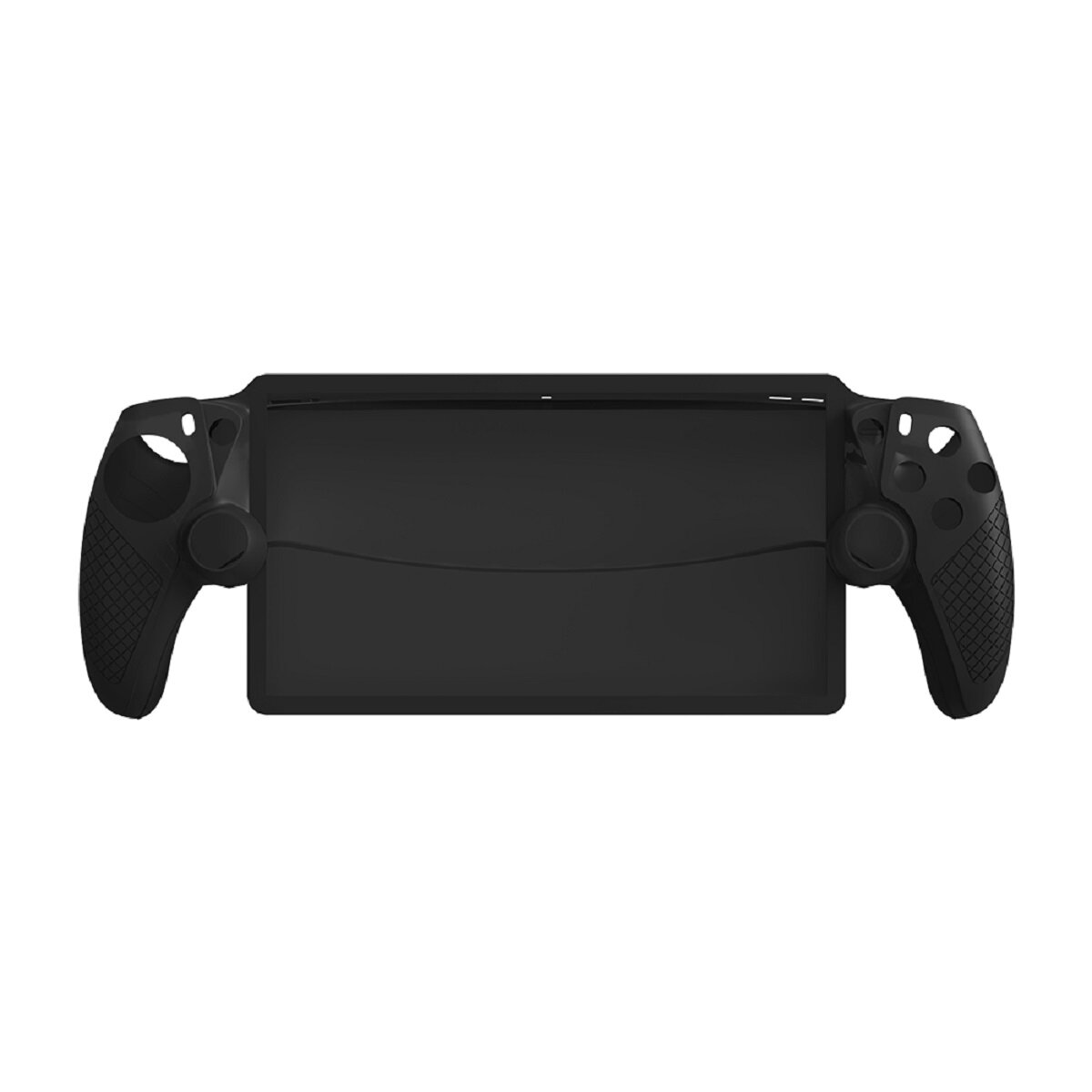 Schwarzer Spielkonsolen-Controller. Es ist ein ergonomisches Design mit einem Bildschirm in der Mitte.