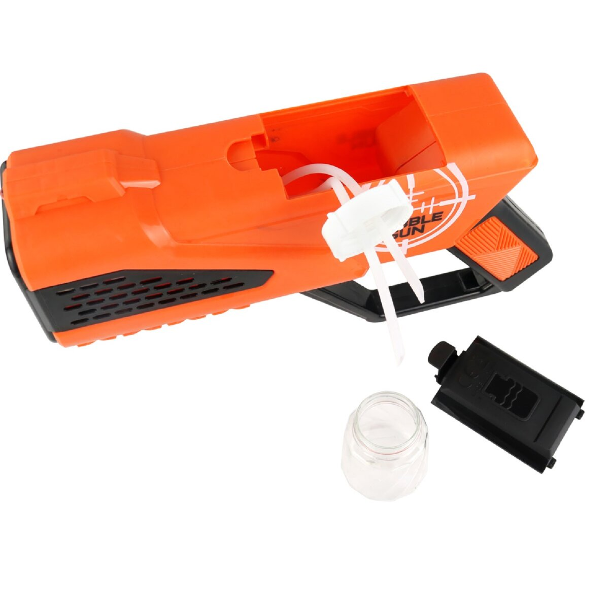 Zerlegte orangefarbene Blasenpistole mit einem Behälter, einem schwarzen Batteriefach und einem klaren Schlauch.