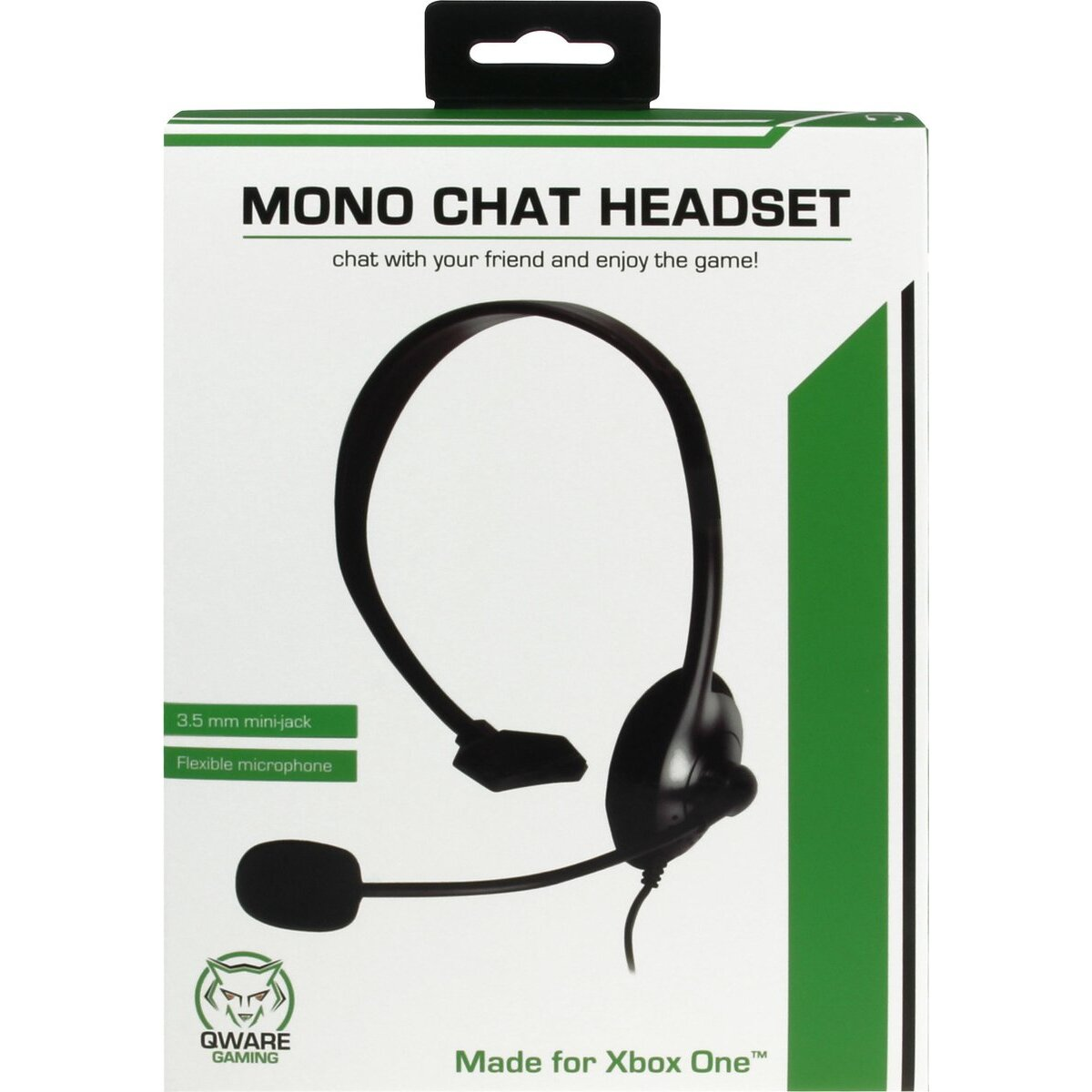 Verpacktes Mono-Chat-Headset auf Weiß. Schwarzes Headset mit flexiblem Mikrofon.