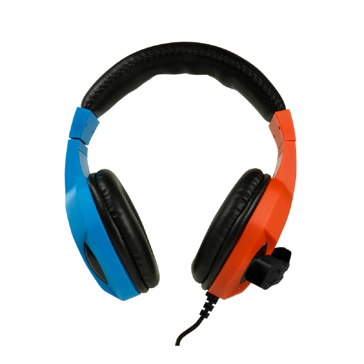 Kopfhörer mit blau-orangen Ohrmuscheln. Das Kopfband ist schwarz. Ein schwarzes Mikrofon ragt heraus.