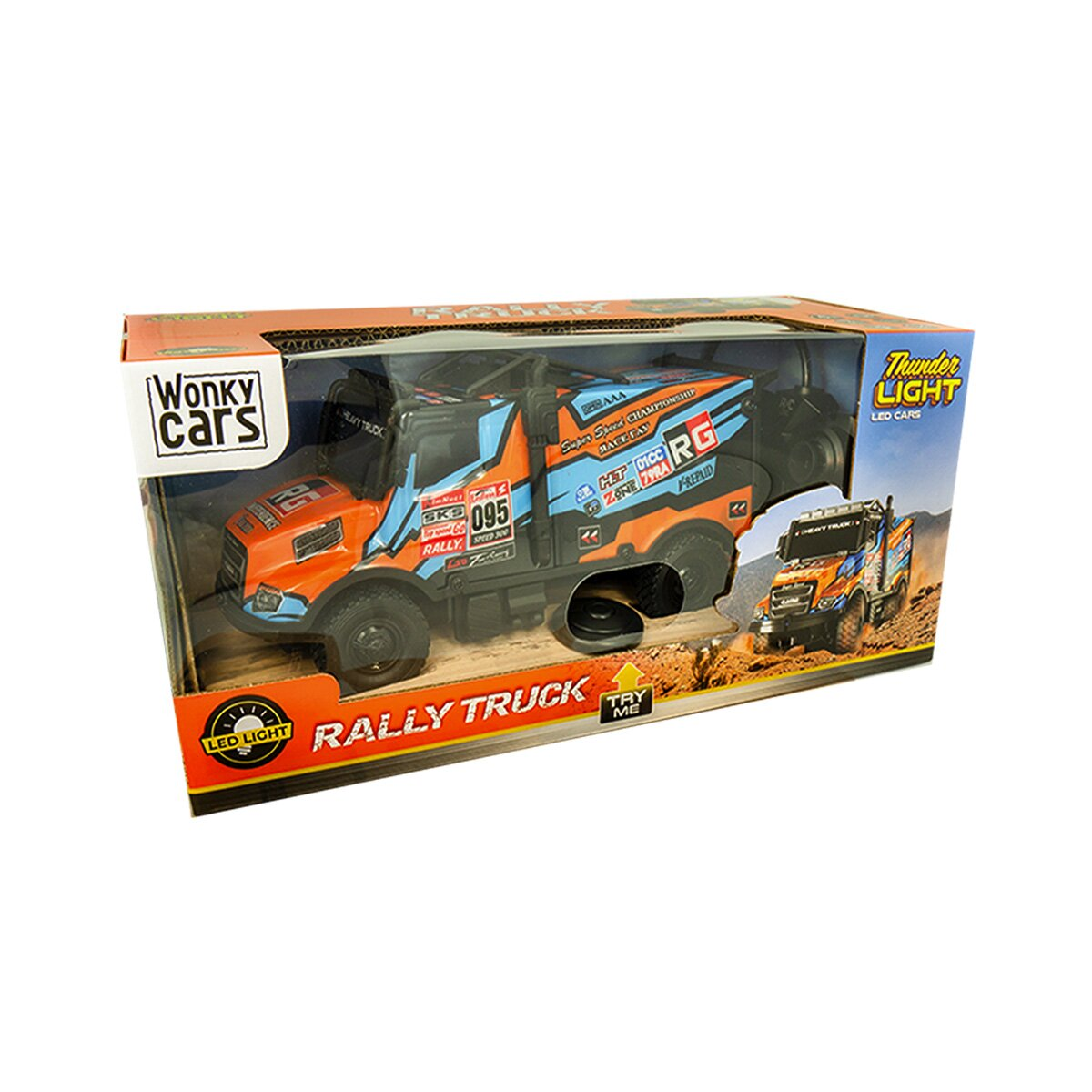 Ein Spielzeug-Rallye-Truck in einer Box. Er ist orange und blau, mit den Aufschriften 'Rally Truck' und 'LED Light'.