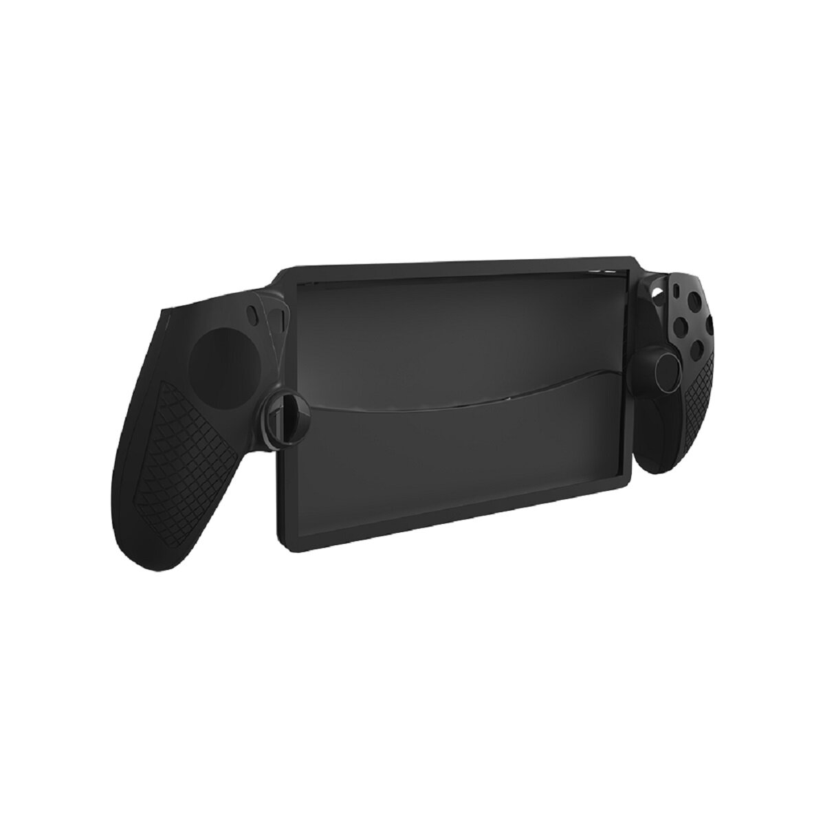 Schwarzer Game-Controller-Halter. An den Seiten befinden sich zwei Griffe, und die Mitte hat einen Bildschirmbereich.