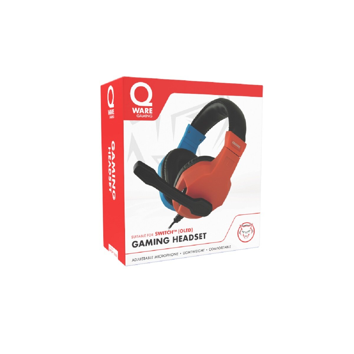 Eine Box mit einem Gaming-Headset. Blaue und orange Farben. Es hat ein Mikrofon, und die Marke ist 'WARE'.