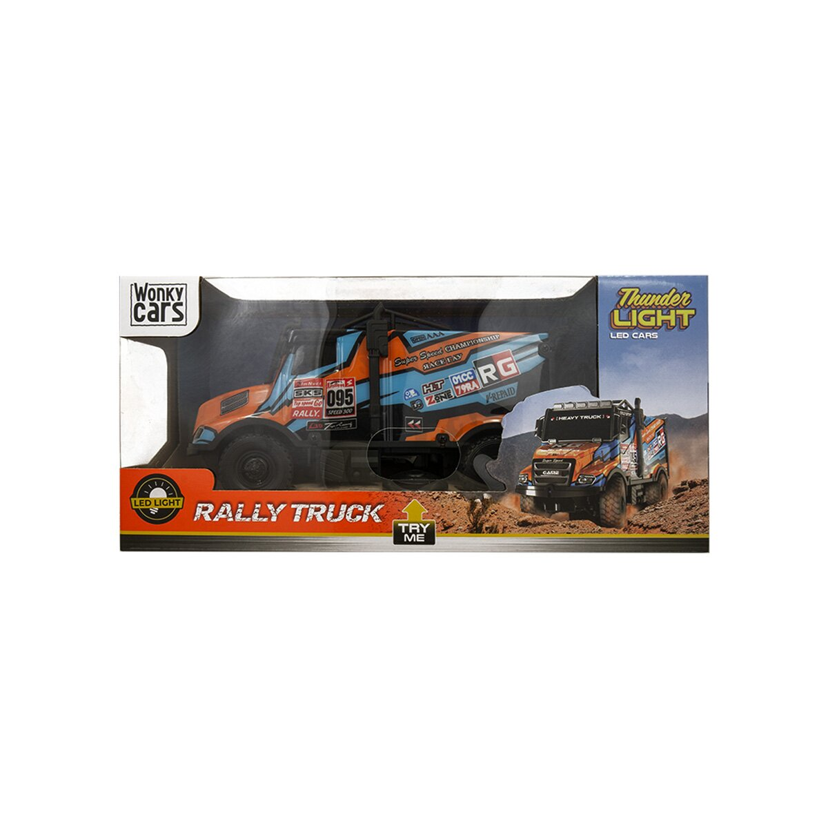 Spielzeug-Rallye-Truck in einer Box. Orange und blau. Text: Rally Truck, Wonky Cars. Bild eines Trucks auf einer unbefestigten Straße.