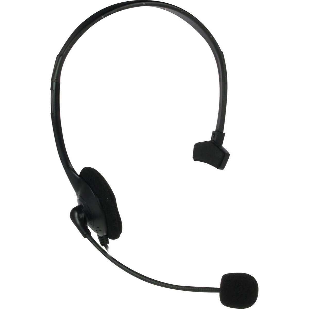 Schwarzes Headset mit flexiblem Mikrofon. Der Ohrhörer ist gepolstert, der Kopfbügel gebogen.