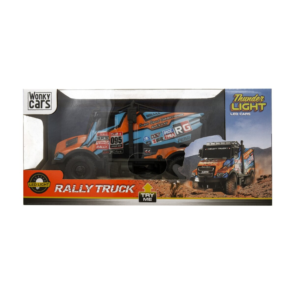 Ein Spielzeug-Rallye-Truck in einer Box. Der Truck ist orange und blau mit 'Rally Truck' Aufschriften.