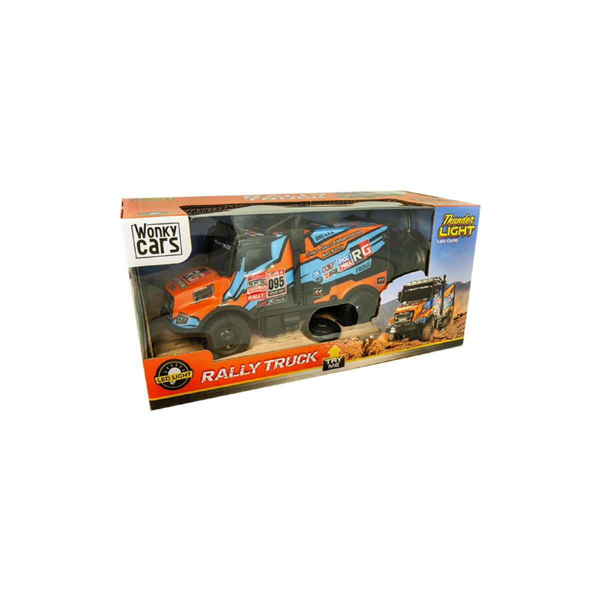 Spielzeug-Rallye-Truck in einer Box. Orange und blau. Text: Rally Truck, Wonky Cars. Anderer Truck auf der Box.