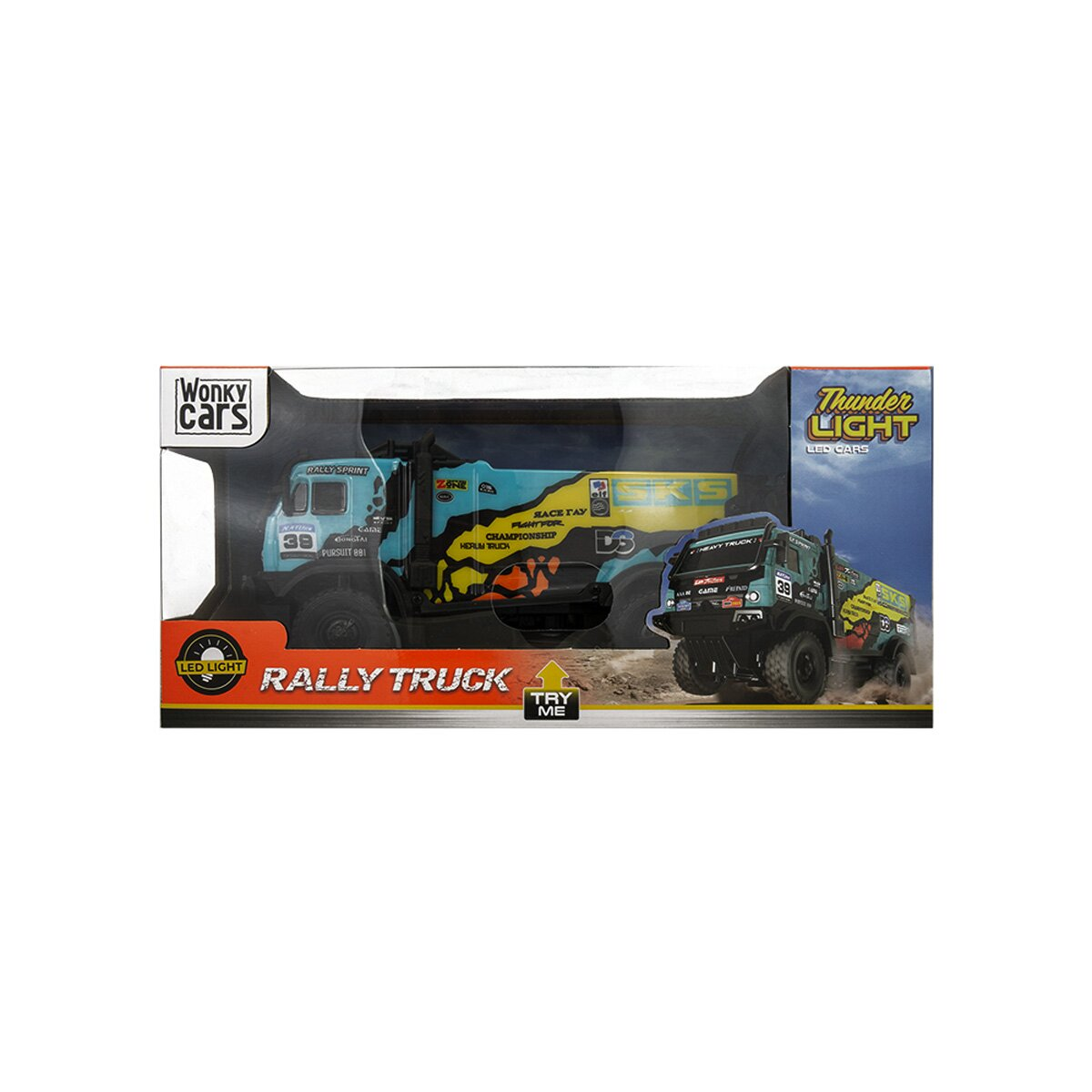 Spielzeug-Rallye-Truck in einer Box. Blau und gelb. Text: Rally Truck, Wonky Cars. Anderer Truck auf der Box.