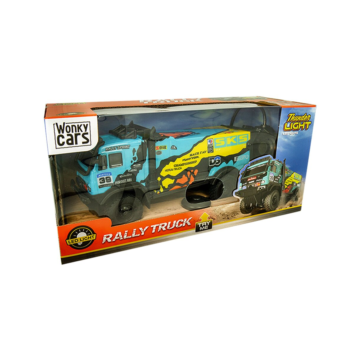 Spielzeug-Rallye-Truck in einer Box. Die Box ist blau und gelb mit dem Truck und den Worten 'Rally Truck'.
