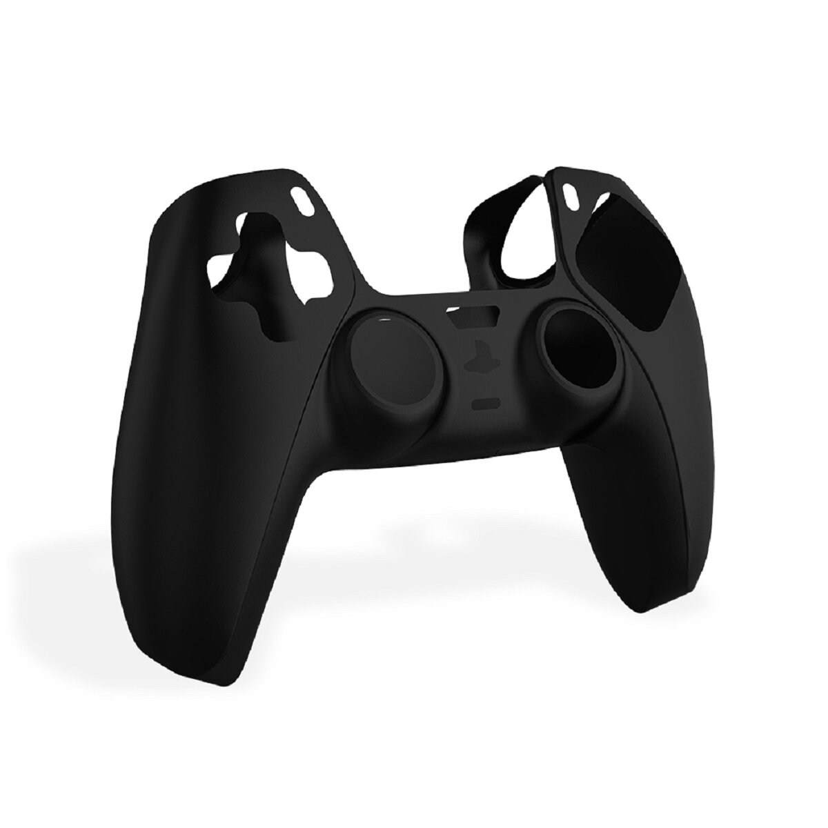 Schwarze Playstation 5 Controllerhülle. Die Hülle hat die Form des Controllers. Der Hintergrund ist weiß.