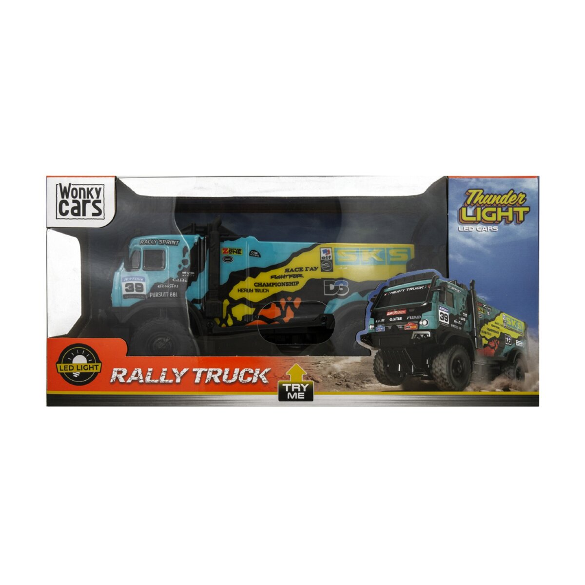 Spielzeug-LKW in einer Schachtel. Blau und gelb. Auf der Schachtel steht Rally Truck und Thunder Light.