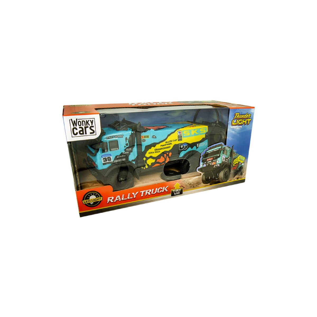 Spielzeug-Rallye-Truck in einer Box. Die Box ist blau und gelb mit dem Truck und den Worten 'Rally Truck'.
