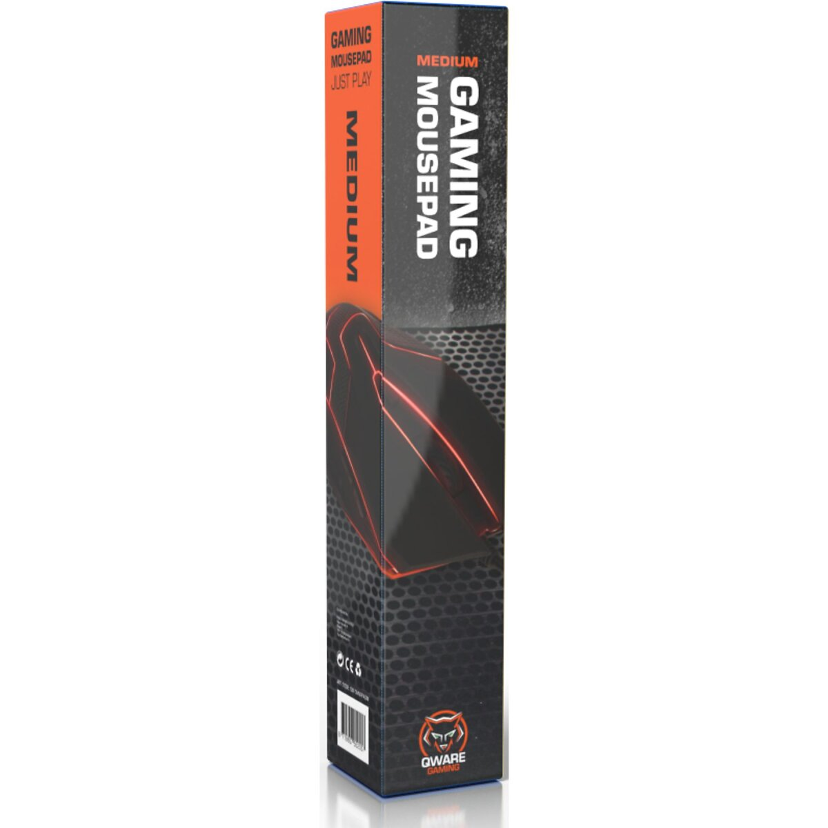 Gaming-Mauspad-Box, schwarz-rotes Design. Text: Gaming Mousepad, Medium. Marke: Qware.
