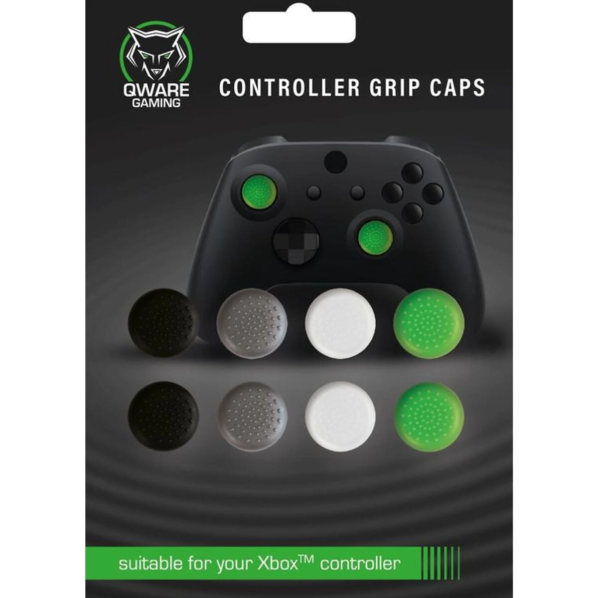 Verpackung mit Controller-Griffkappen. Schwarze, graue, weiße und grüne Kappen. Marke: Qware Gaming.